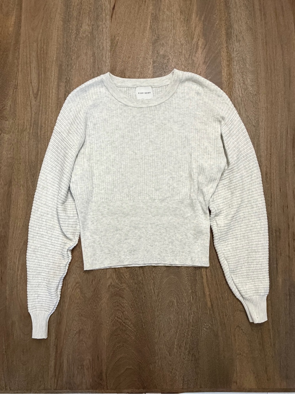 Pink Rose Light Gray Ribbed Crewneck Sweater